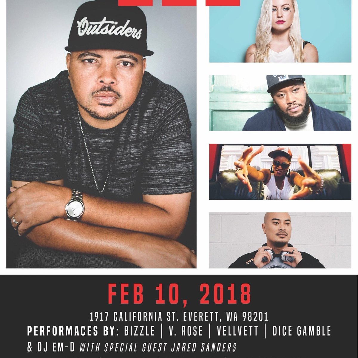 Seattle in Concert! Saturday Feb 10 – Bizzle, V. Rose, Jered Sanders, VellVett, Dice Gamble, DJ-EmD